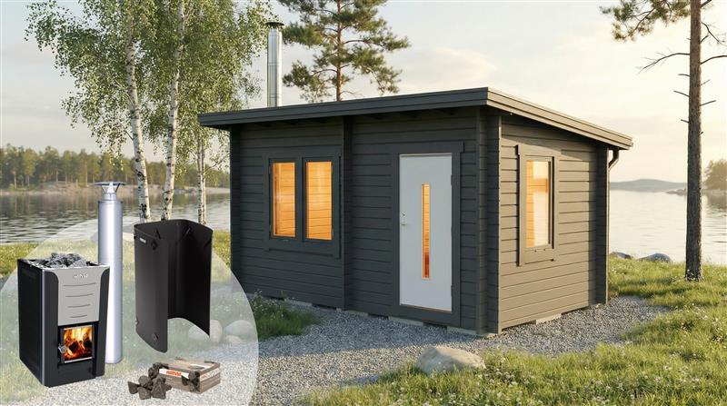 Bastupaket Bastustuga Skogskär Funkis 12 kvm & Hariva 20 Pro Premiumpaket Rostfriskorsten - Bastutillbehör
