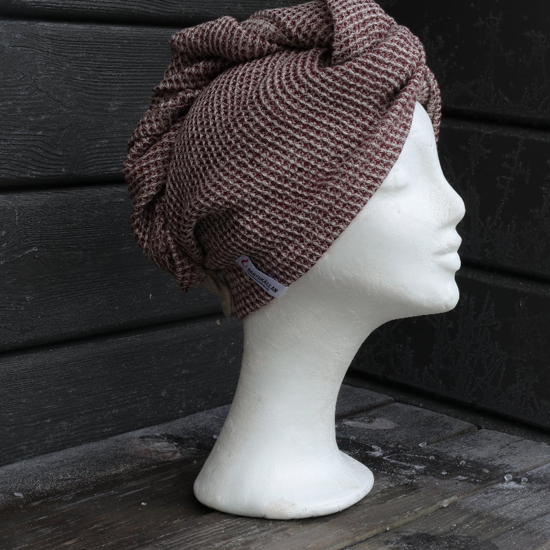 Hårturban i linne, vinröd våfflad - Bastutillbehör