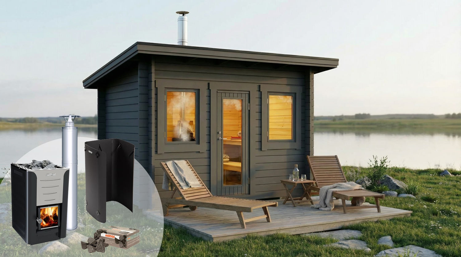 Bastupaket Bastustuga Sandskär Funkis 8 kvm & Harvia 20 Pro Premiumpaket Rostfriskorsten - Bastutillbehör