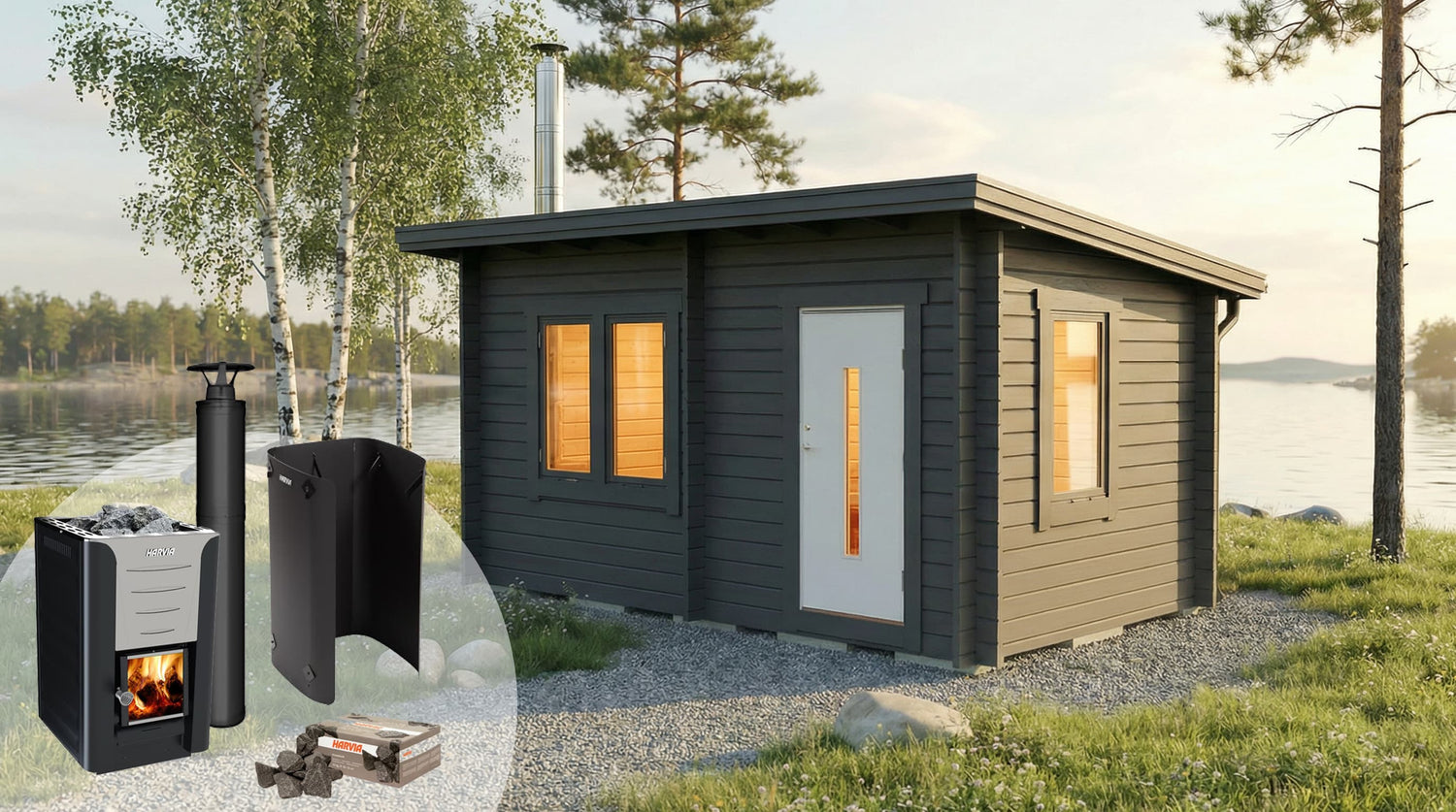Bastupaket Bastustuga Skogskär Funkis 12 kvm & Hariva 20 Pro Premiumpaket Svartskorsten - Bastutillbehör