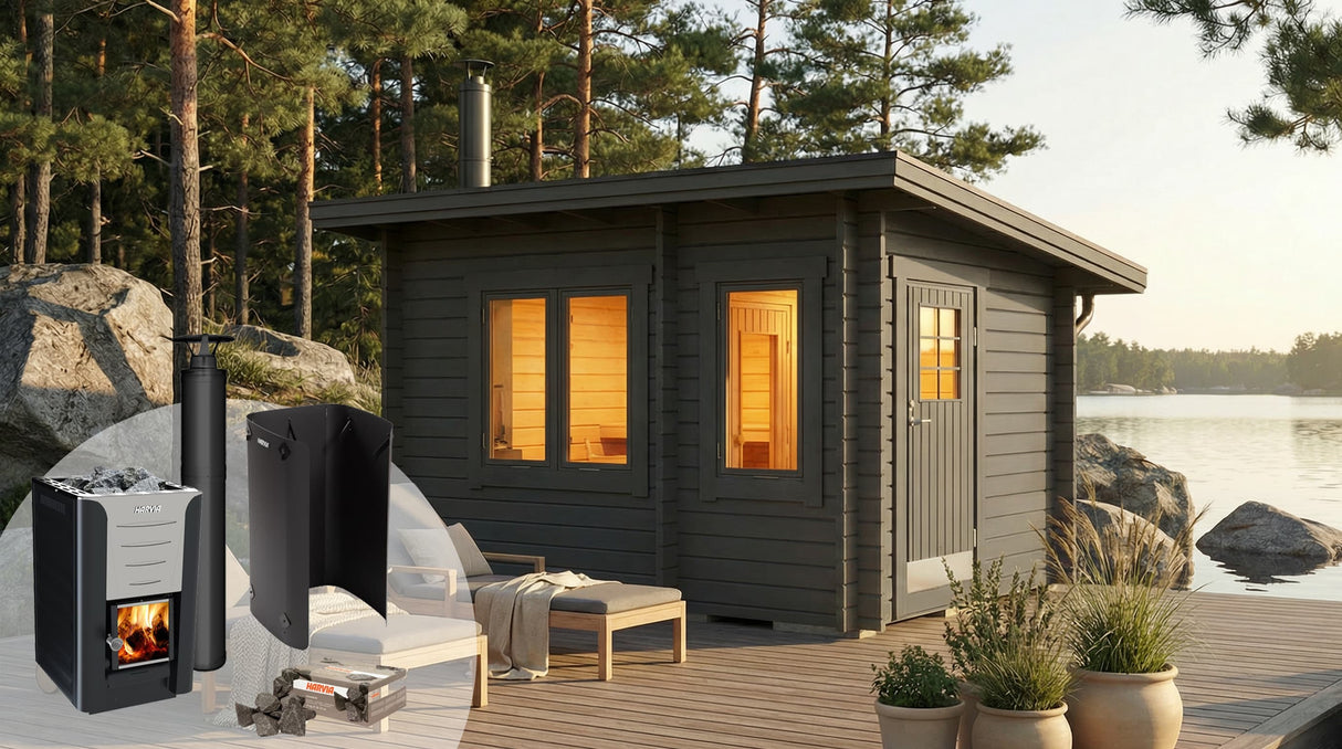 Bastupaket Bastustuga Trundön Funkis 9,9 kvm & Harvia 20 Pro