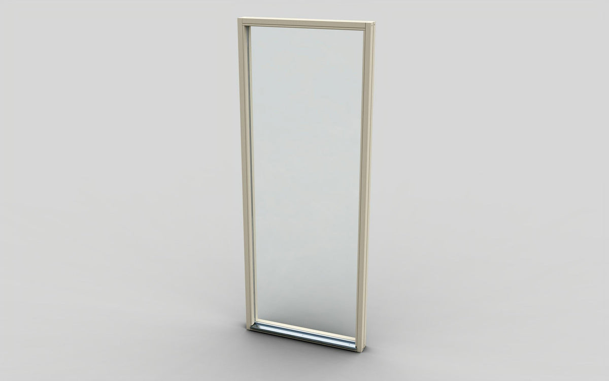 Fixed rectangular window frame with translucent glass panel, light-colored trim