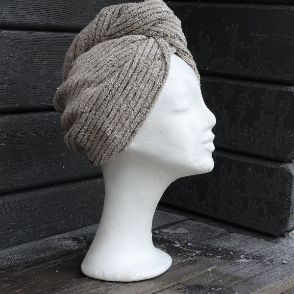 Hårturban i linfrotté, beige randig - Bastutillbehör